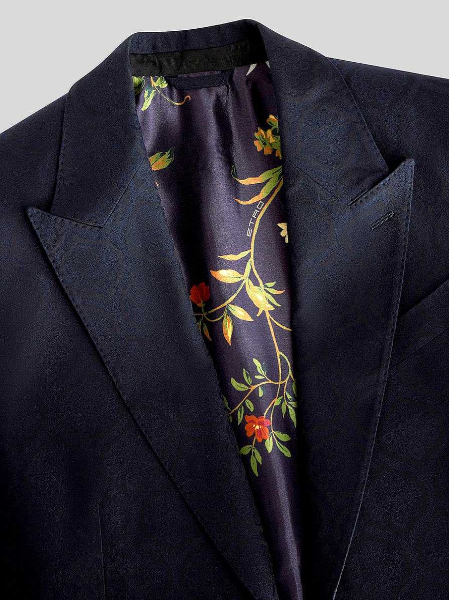 ETRO Giacche | Giacca Jacquard In Lana E Cotone Blu Navy