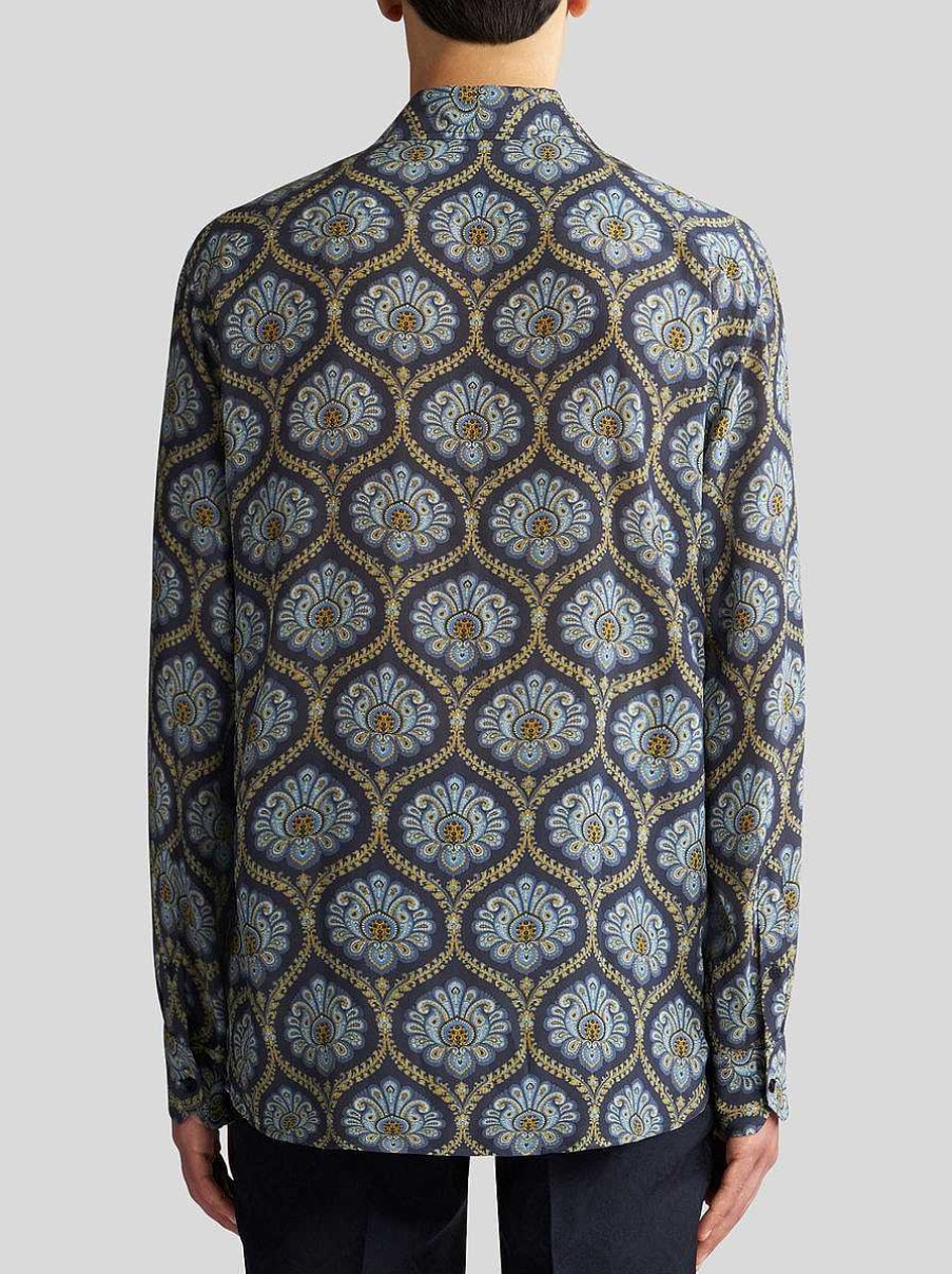 ETRO Camicie | Camicia In Seta Stampata Blu Navy