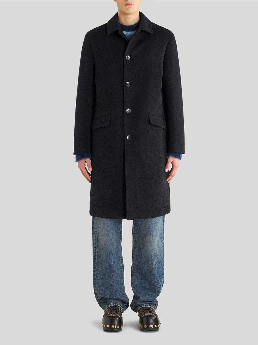 ETRO Cappotti E Capispalla | Cappotto Jacquard In Lana E Cashmere Blu Navy