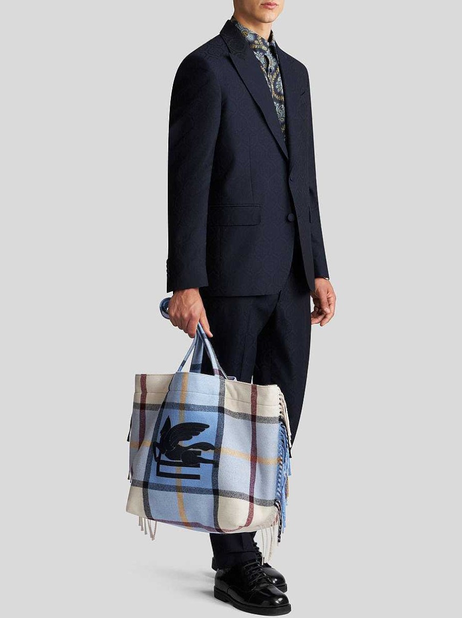 ETRO Buste Della Spesa | Borsa Tote Morbida Trotter In Jacquard Grande Con Frange Azzurro