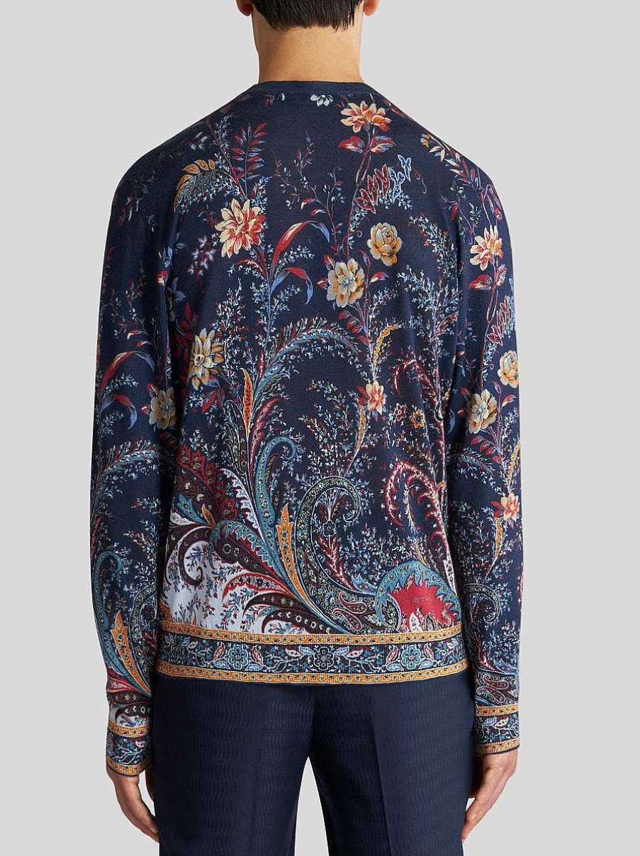 ETRO Maglieria | Maglione In Seta E Cashmere Con Motivo Floreale Paisley Blu Navy