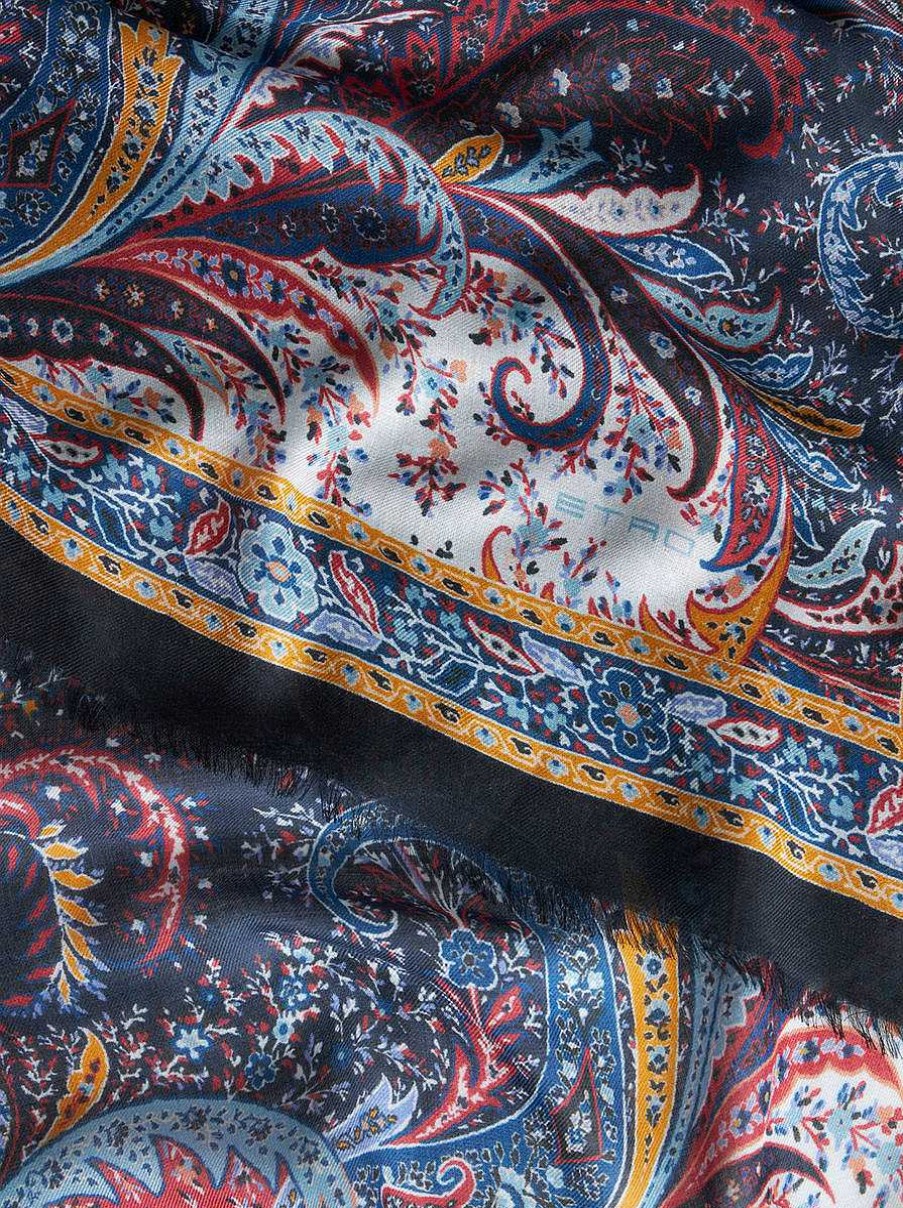 ETRO Sciarpe | Sciarpa Floreale In Misto Cashmere Con Motivo Paisley Blu Navy