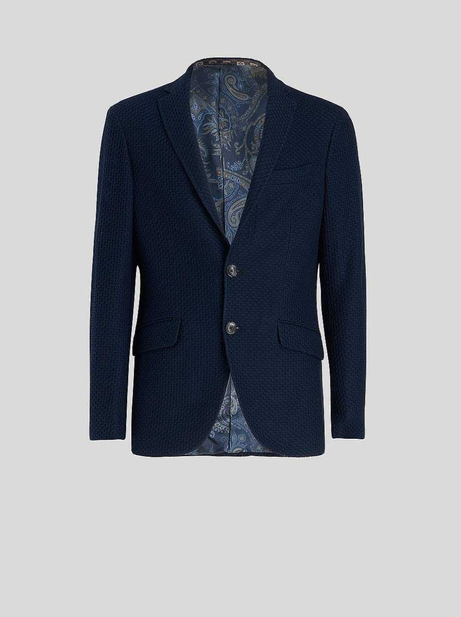 ETRO Giacche | Giacca In Jersey Con Trama Lavorata Blu Navy