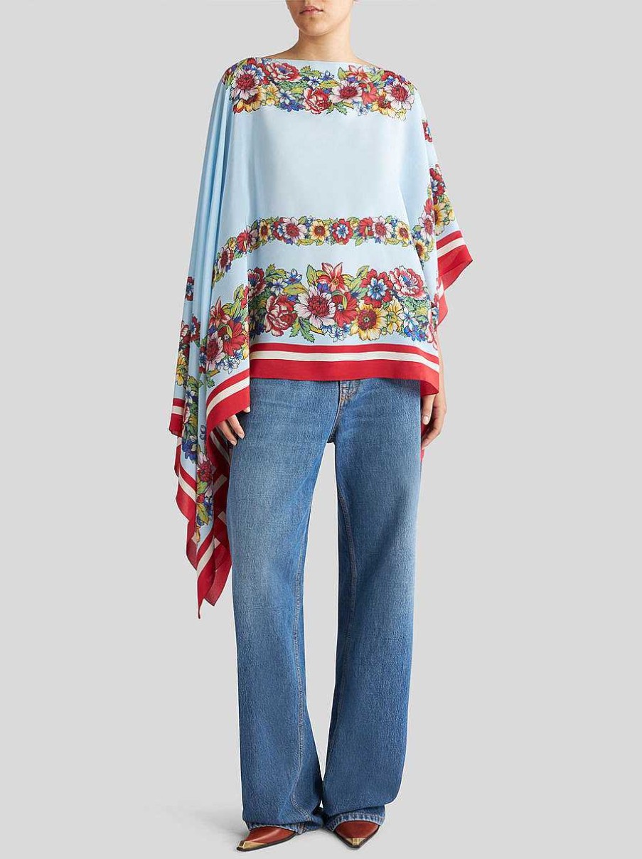 ETRO Mantelli E Poncho | Poncho In Seta Stampata Azzurro