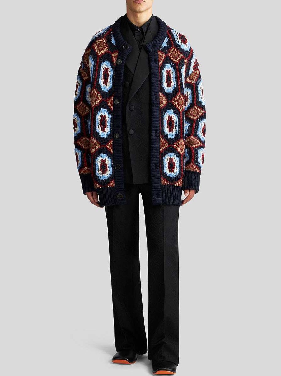 ETRO Maglieria | Cardigan In Alpaca E Lana Jacquard Blu Navy