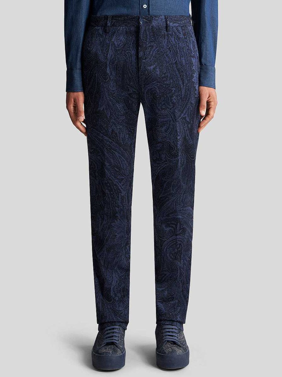 ETRO Pantaloni | Pantaloni In Jacquard Di Cotone Con Motivo Paisley Blu Navy