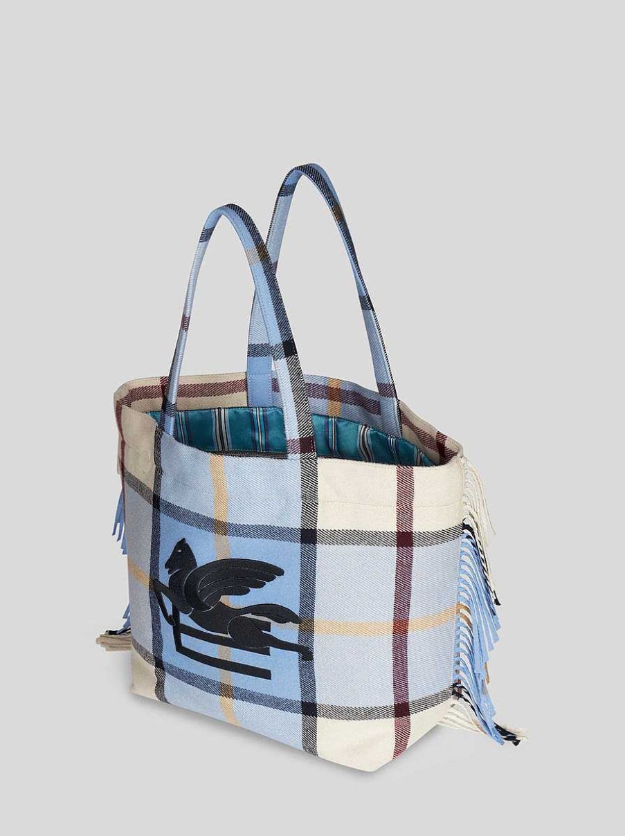 ETRO Buste Della Spesa | Borsa Tote Morbida Trotter In Jacquard Grande Con Frange Azzurro