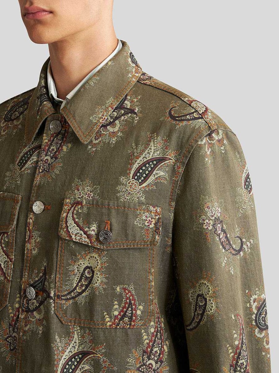 ETRO Denim | Sovracamicia In Denim Con Motivo Paisley Verde