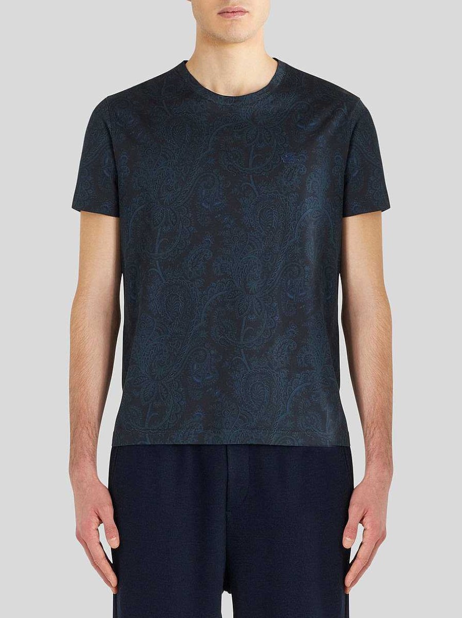 ETRO Magliette | T-Shirt In Cotone Con Motivi Cachemire Blu Navy