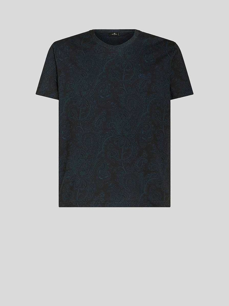 ETRO Magliette | T-Shirt In Cotone Con Motivi Cachemire Blu Navy