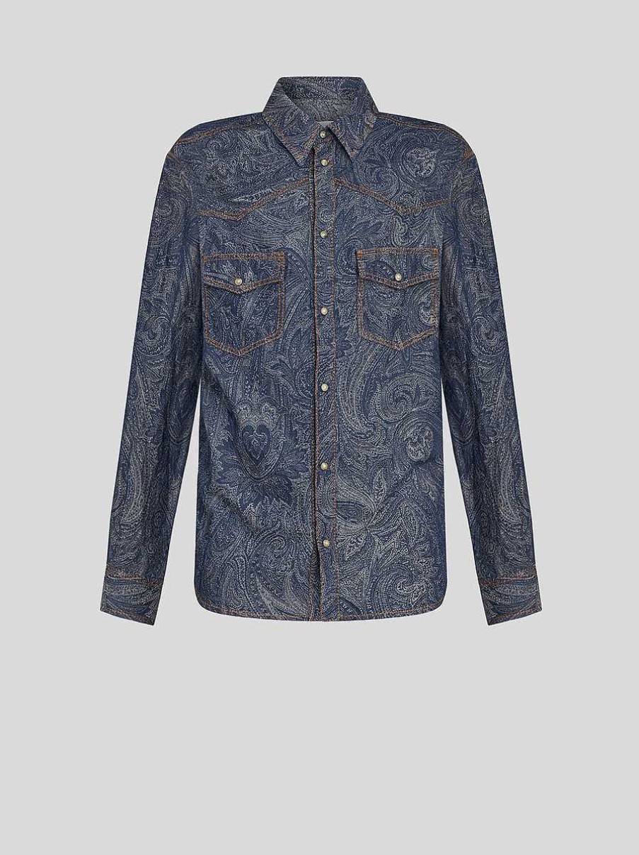 ETRO Denim | Camicia In Denim Con Motivo Cachemire Blu Navy