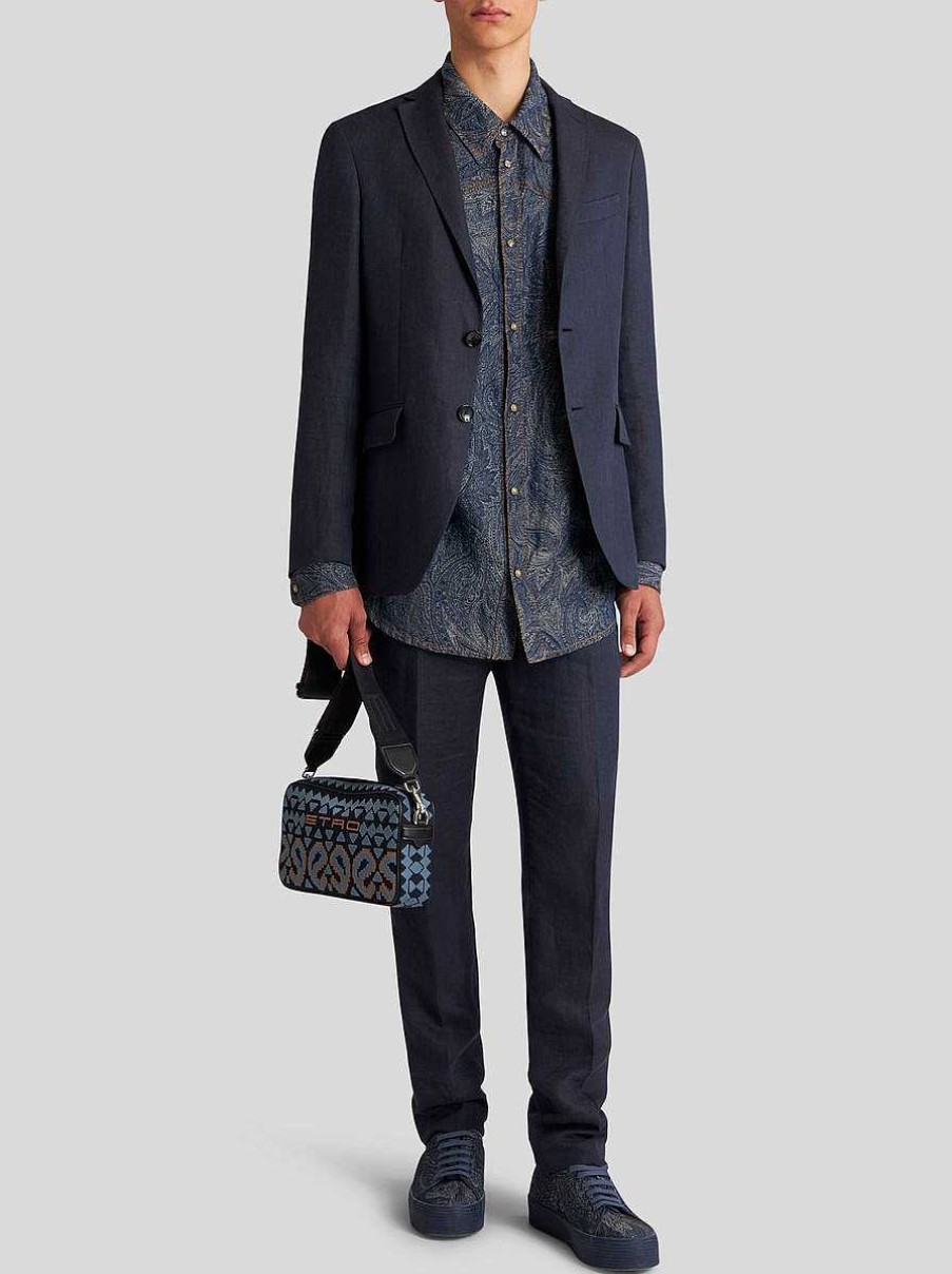 ETRO Giacche | Giacca In Lino Blu Navy