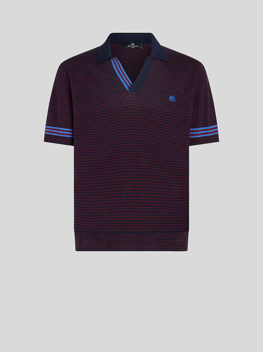 ETRO Maglieria | Polo In Maglia A Righe Con Logo Blu Navy