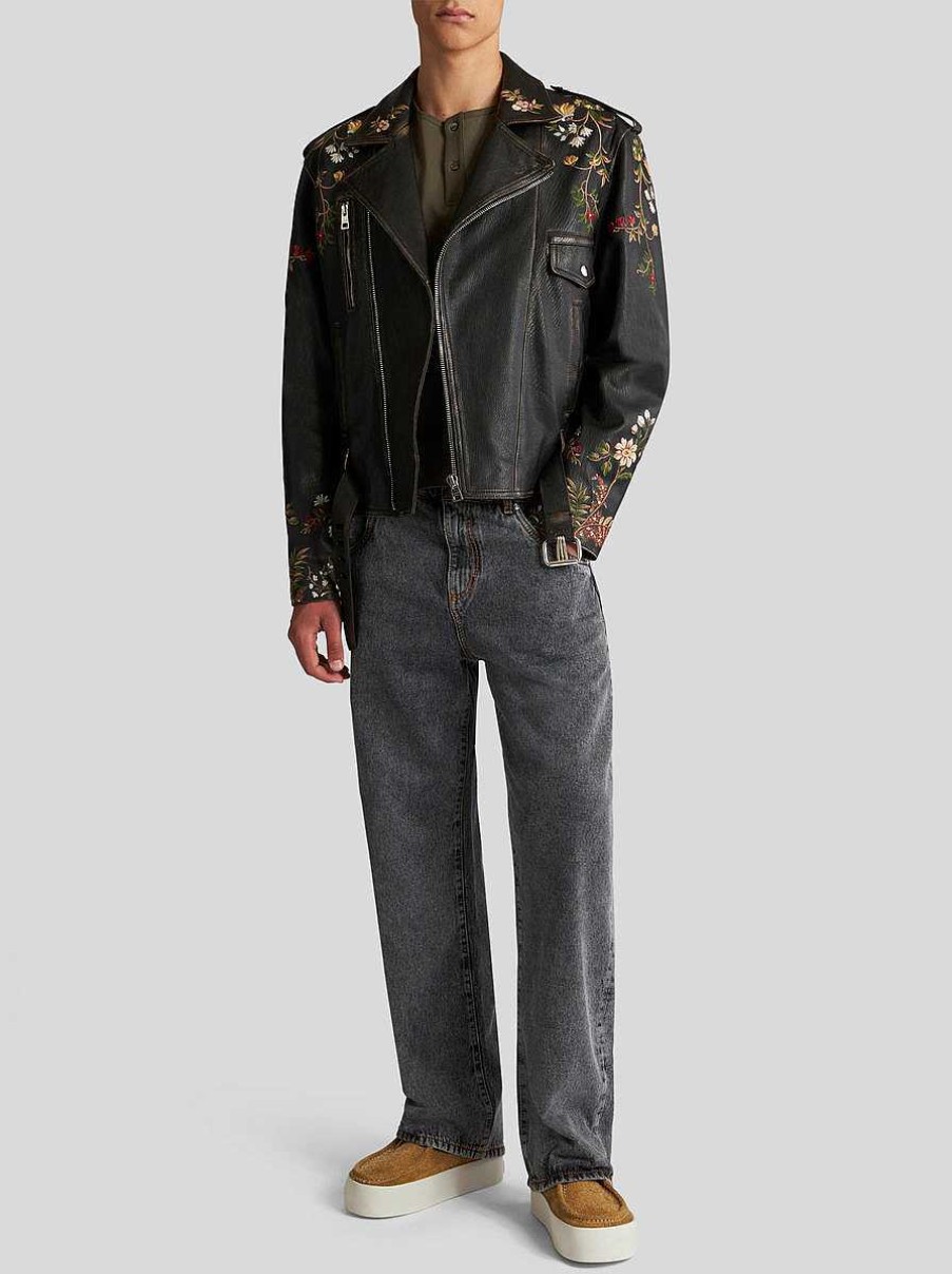 ETRO Cappotti E Capispalla | Giacca Biker In Pelle Con Ricamo Nero