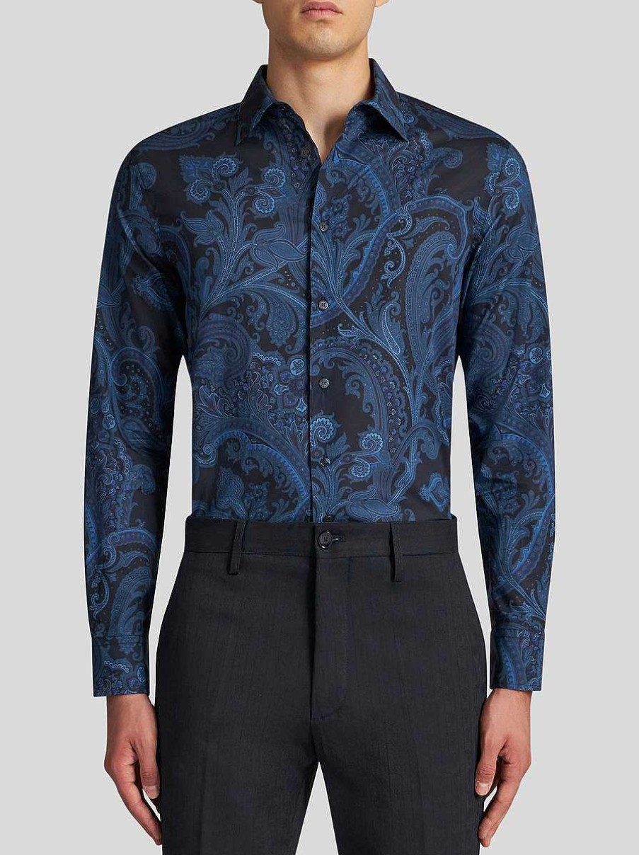 ETRO Camicie | Camicia In Cotone Con Motivi Cachemire Blu Navy