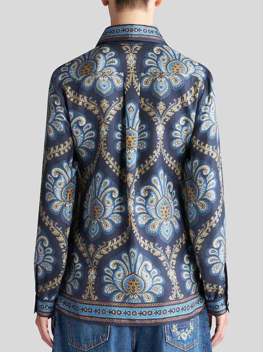 ETRO Camicie E Camicette | Camicia In Twill Di Seta Stampata Blu Navy