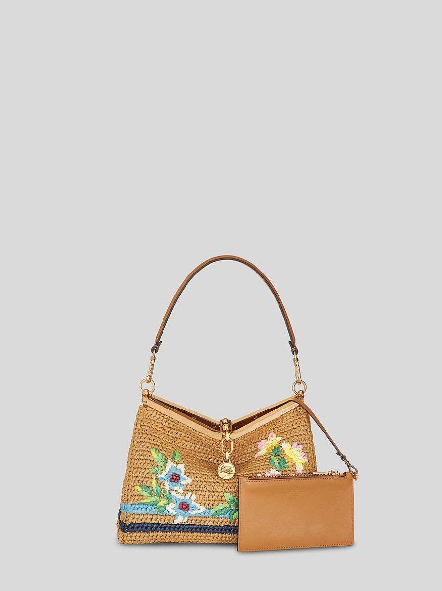 ETRO Vela | Borsa Vela Media In Rafia Con Ricamo Marrone Chiaro