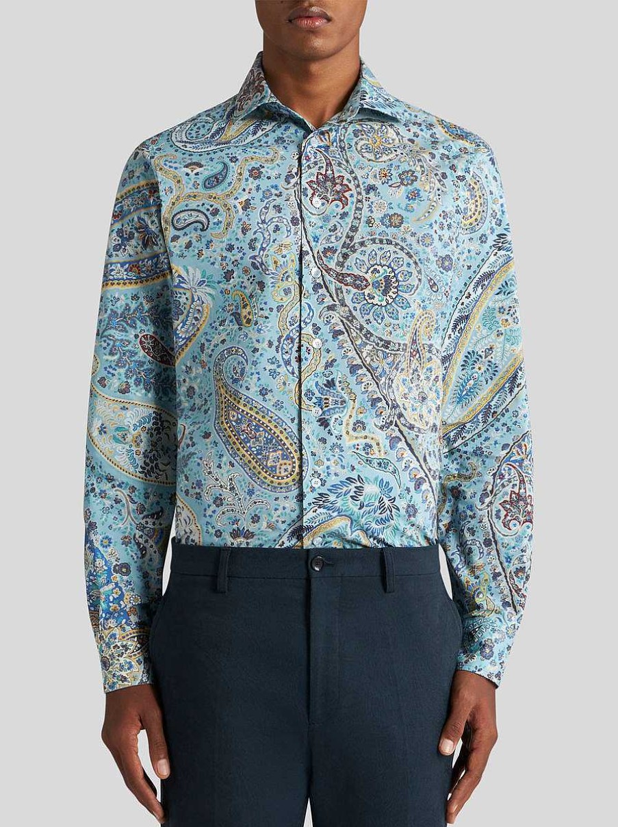 ETRO Camicie | Camicia In Cotone Con Motivi Cachemire Azzurro