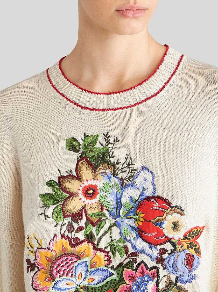 ETRO Maglieria | Maglia In Cashmere E Cotone Con Ricamo Bianco