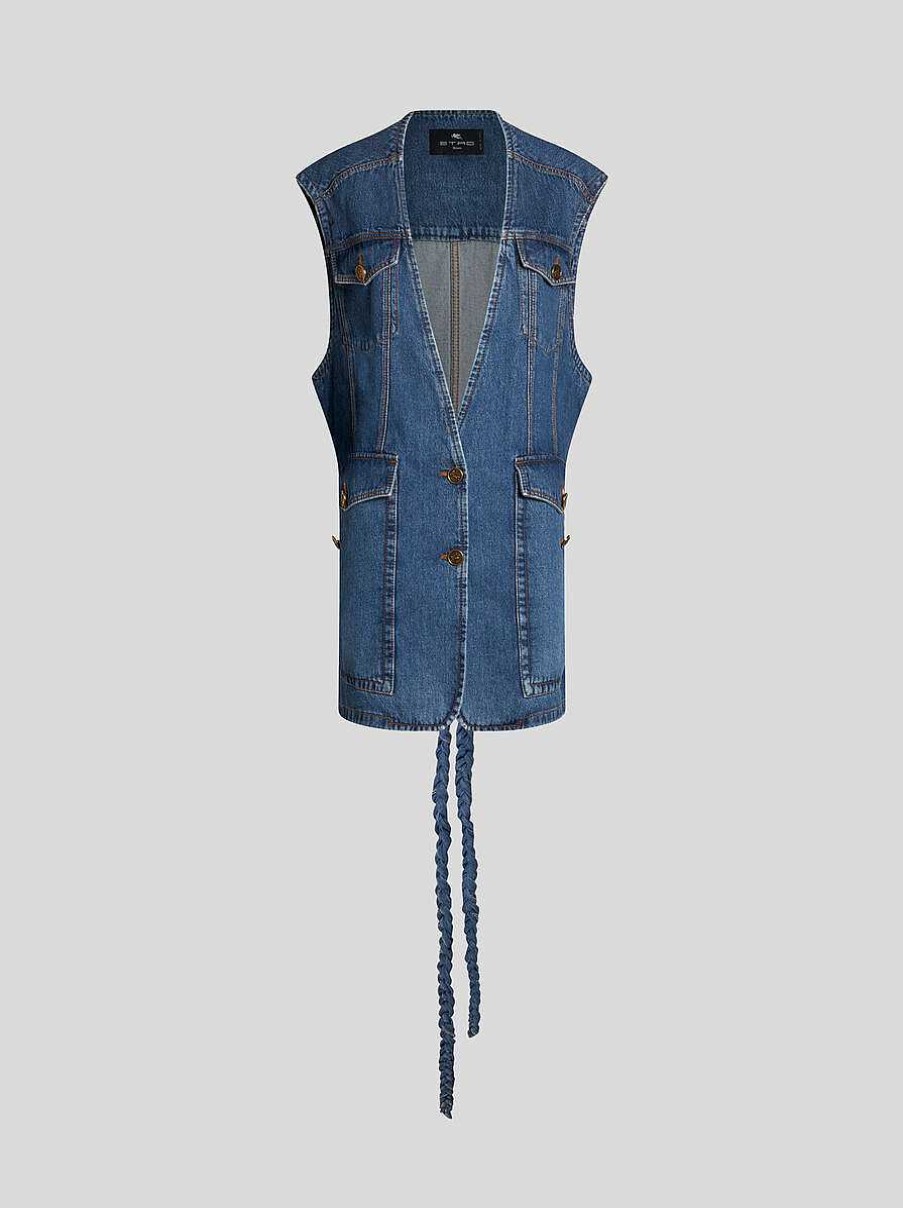 ETRO Denim | Gilet Di Jeans Con Cintura Grigio