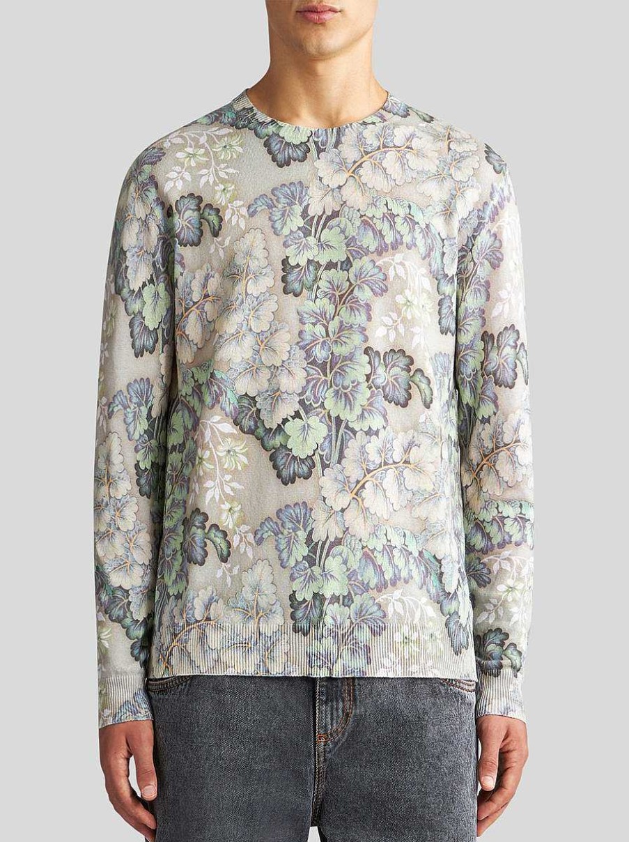 ETRO Maglieria | Maglione Con Foglie In Cotone E Lino Verde