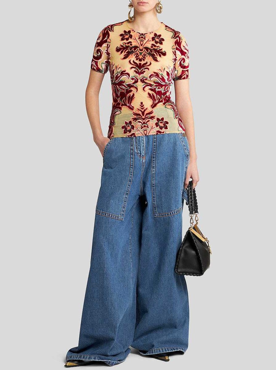 ETRO Cime | T-Shirt In Tulle E Velluto Jacquard Borgogna