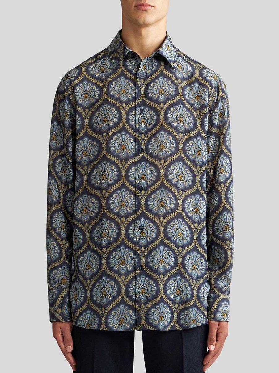 ETRO Camicie | Camicia In Seta Stampata Blu Navy