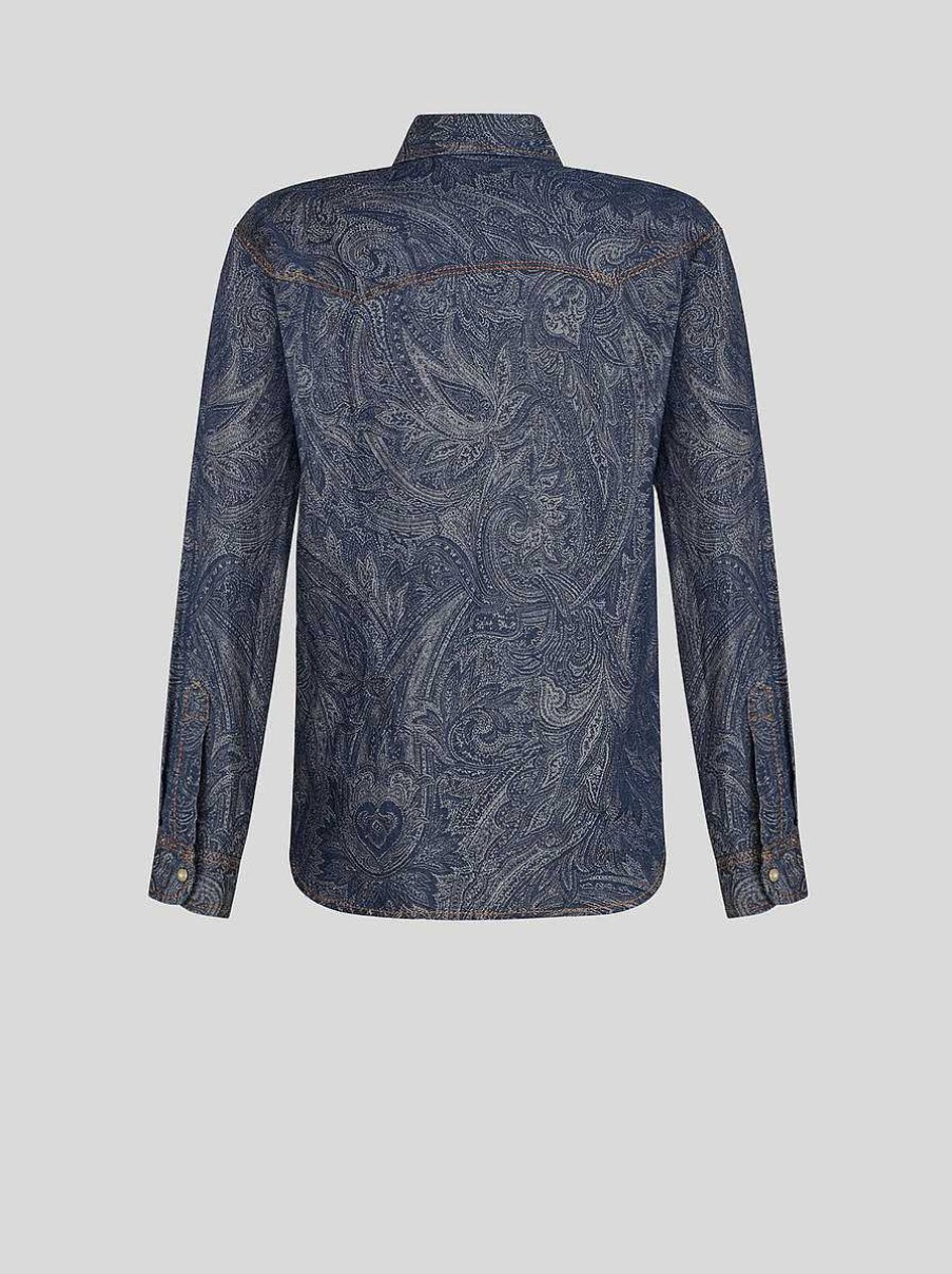 ETRO Denim | Camicia In Denim Con Motivo Cachemire Blu Navy