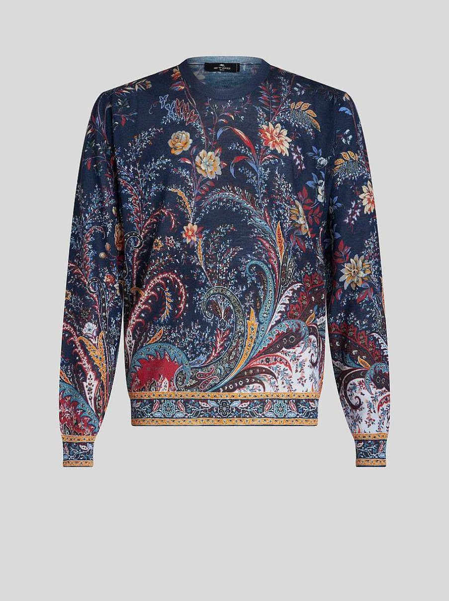 ETRO Maglieria | Maglione In Seta E Cashmere Con Motivo Floreale Paisley Blu Navy