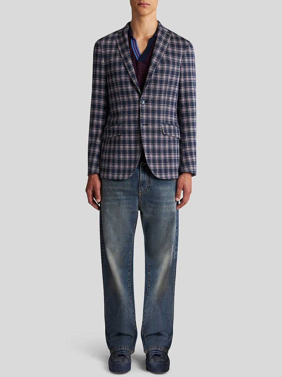 ETRO Giacche | Giacca A Quadri Multicolor Su Base Blu