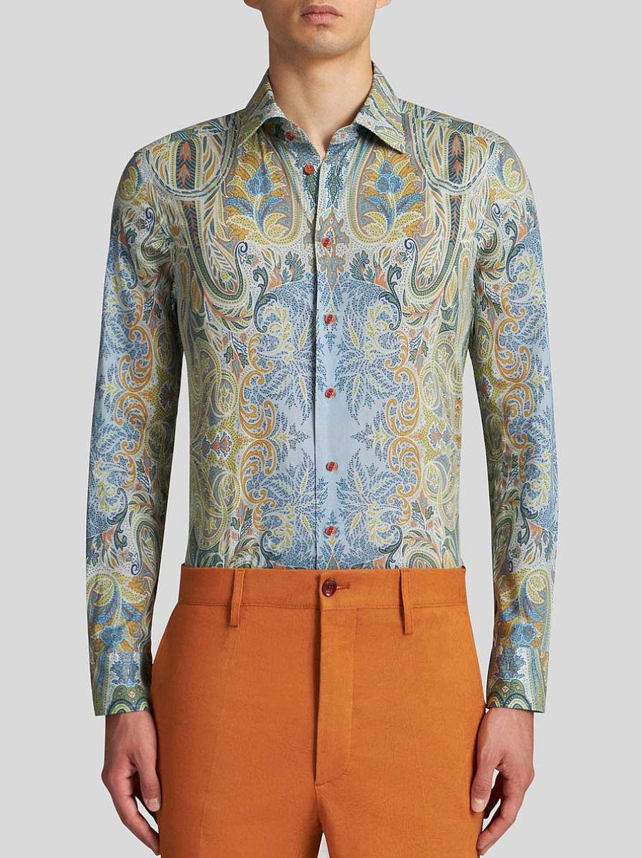 ETRO Camicie | Camicia In Cotone Con Stampa Paisely Azzurro