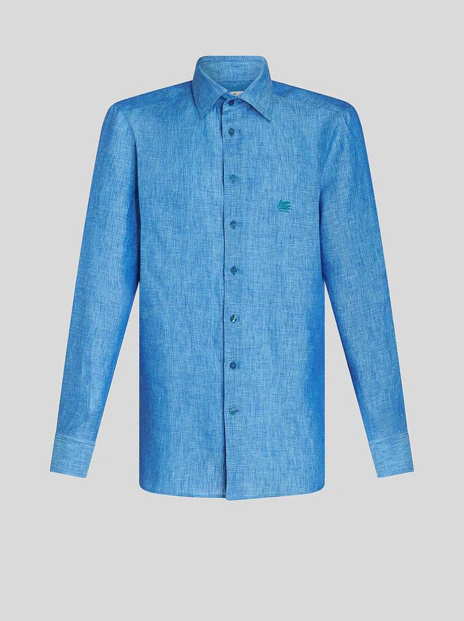 ETRO Camicie | Camicia In Lino Con Logo Azzurro