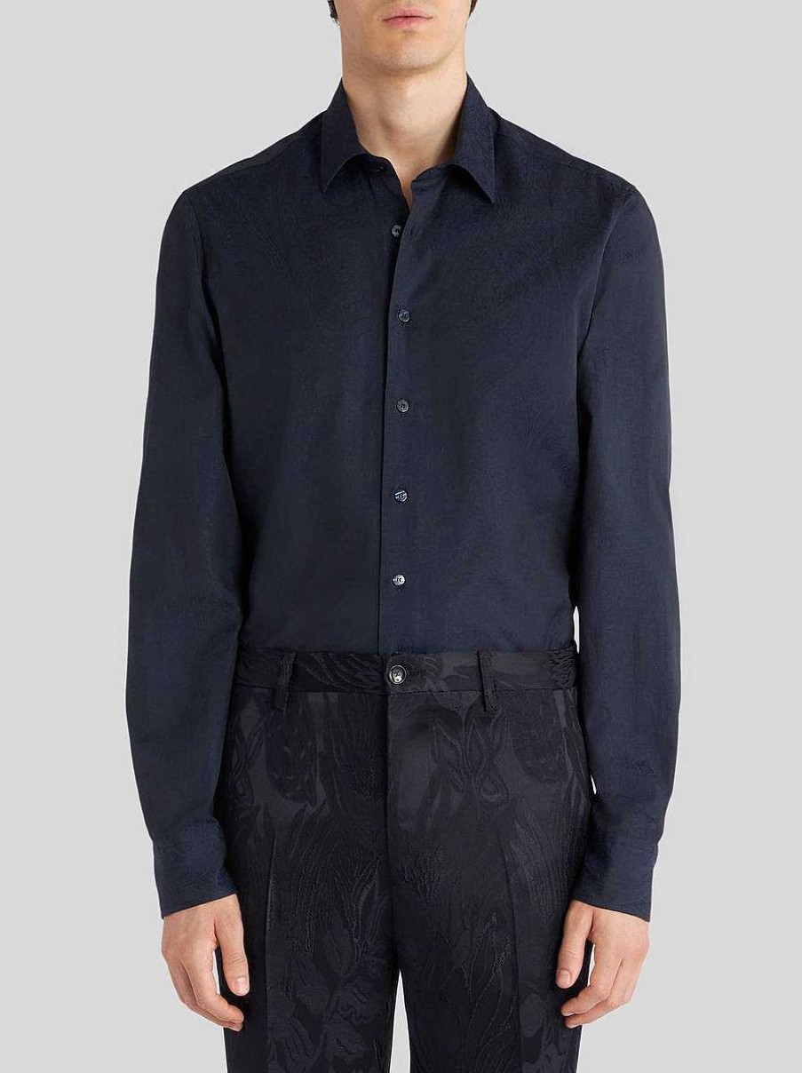 ETRO Camicie | Camicia Jacquard Con Motivi Cachemire Blu Navy