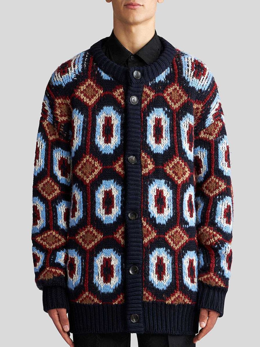 ETRO Maglieria | Cardigan In Alpaca E Lana Jacquard Blu Navy