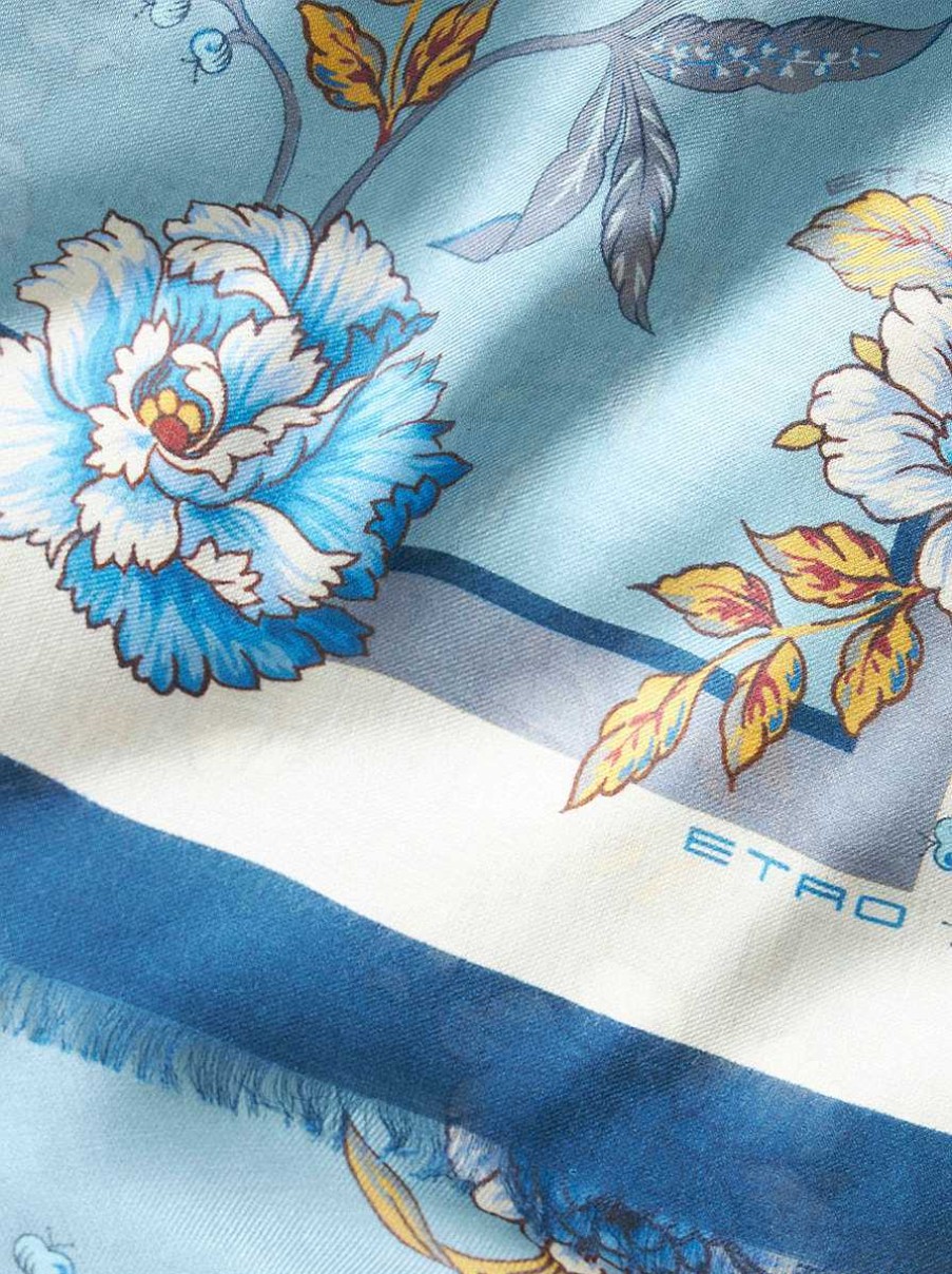 ETRO Sciarpe | Sciarpa In Misto Cashmere Con Stampa Floreale Azzurro