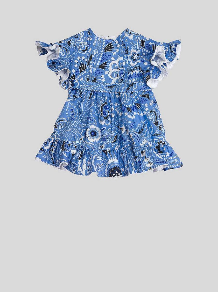 ETRO Bambina 1-9 Mesi | Abito Baby Paisley Tinta Unita Con Volant Azzurro