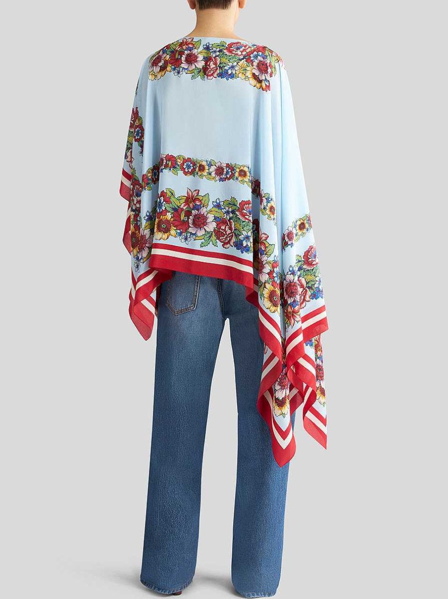 ETRO Mantelli E Poncho | Poncho In Seta Stampata Azzurro