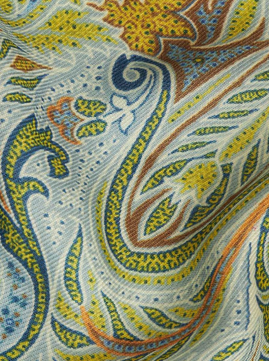 ETRO Sciarpe | Sciarpa Ornamentale In Lana E Seta Con Motivo Paisley Azzurro