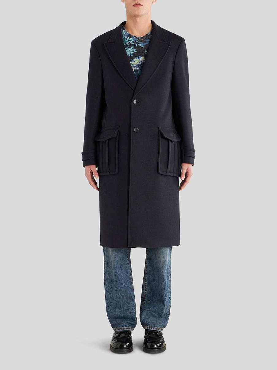 ETRO Cappotti E Capispalla | Cappotto In Lana E Cashmere Con Logo Sul Retro Blu Navy