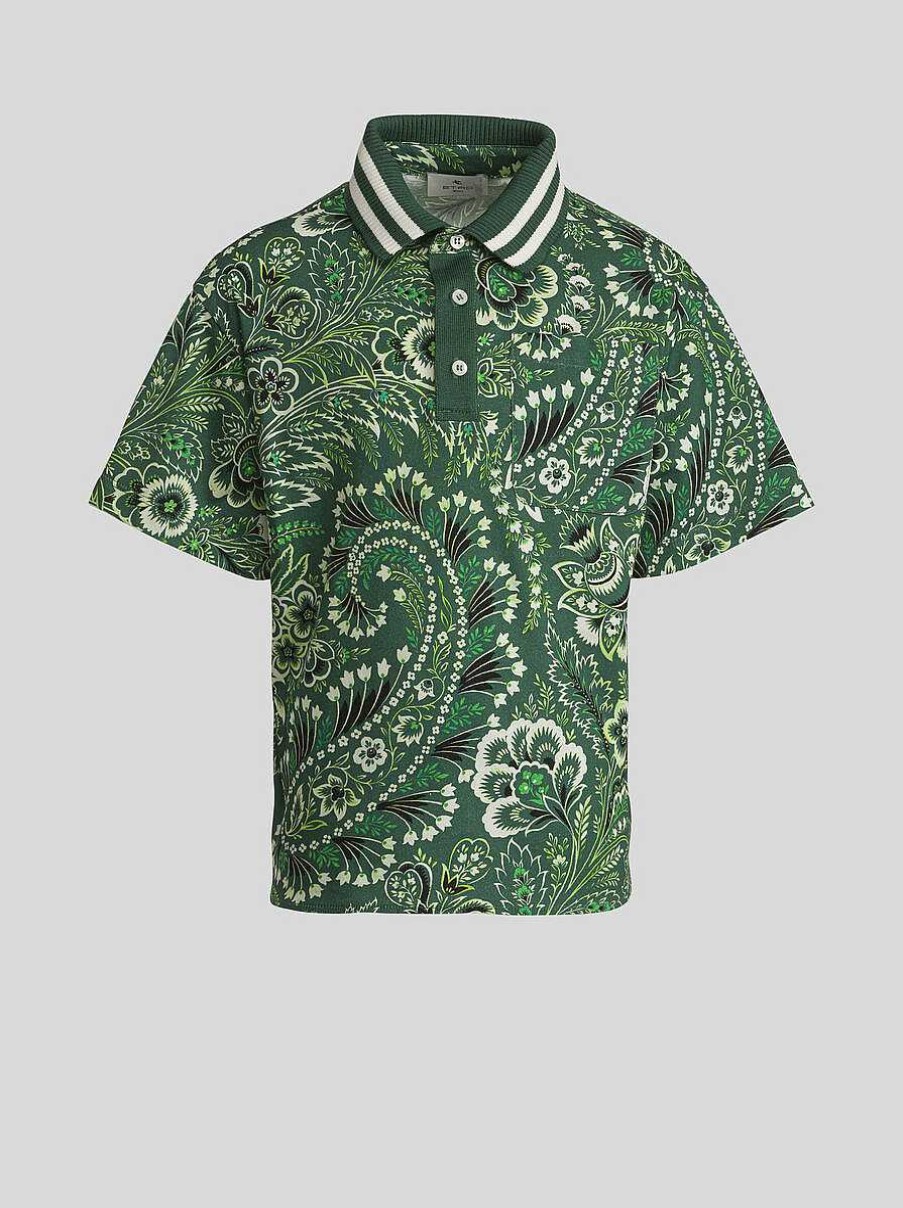 ETRO Topwear | Polo Da Bambino Con Motivo Paisley Tinta Unita Verde