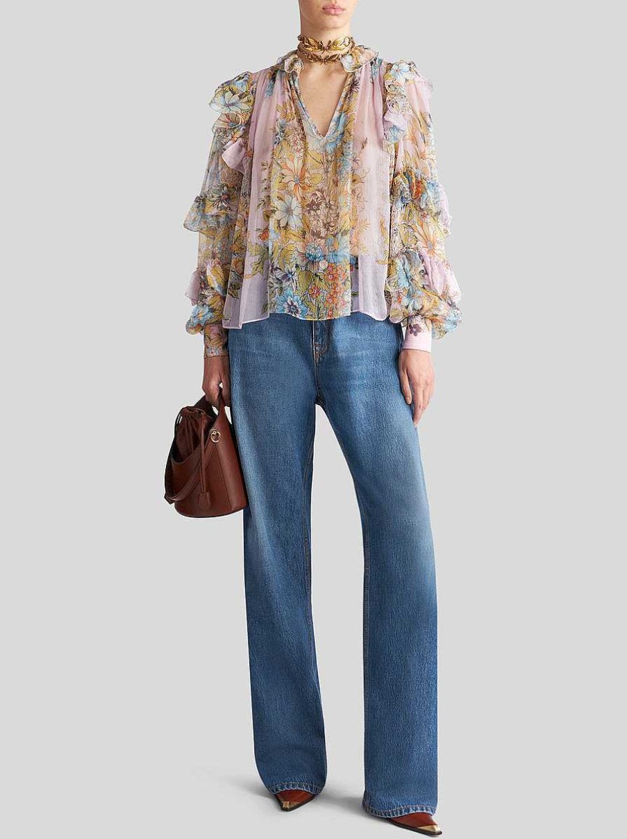 ETRO Camicie E Camicette | Blusa In Seta Stampata Con Ruches Rosa